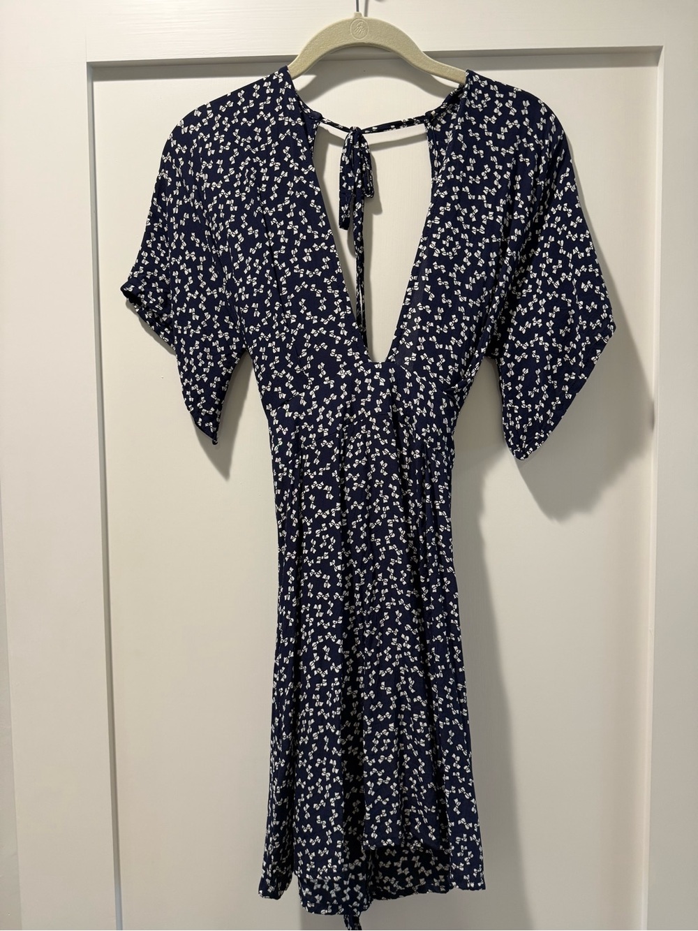 Faithful the Brand Navy Blue Bow V-Neck Dress